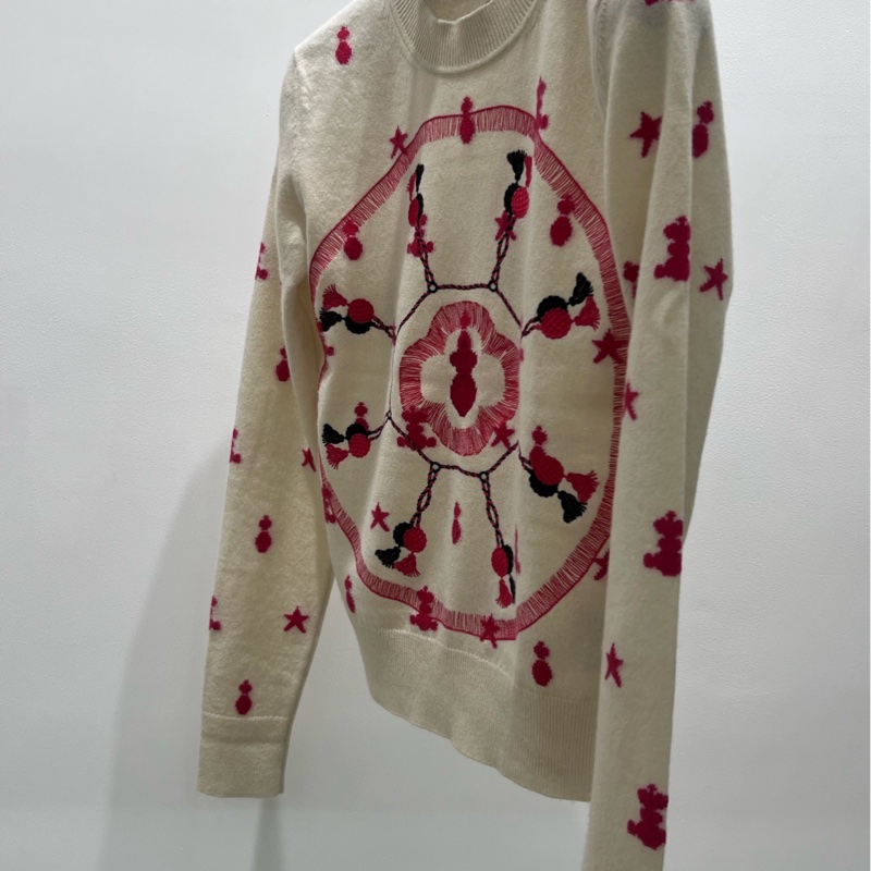 98新 愛馬仕 hermes 白紅刺繡logo圖案羊絨毛衣 36碼-2