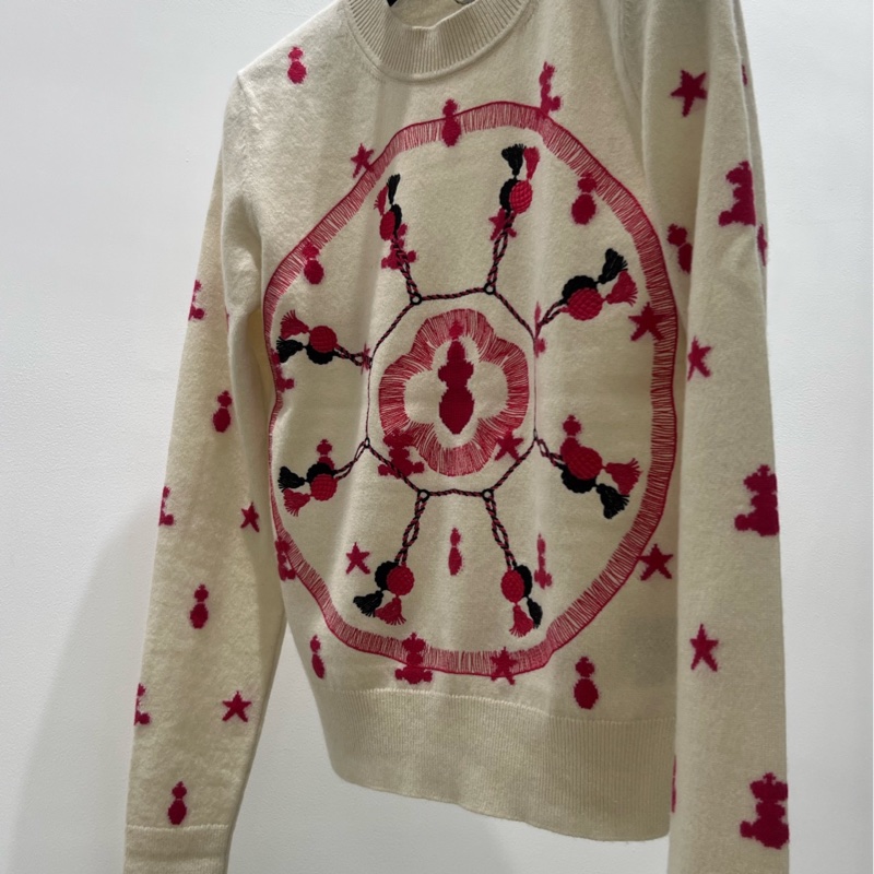 98新 愛馬仕 hermes 白紅刺繡logo圖案羊絨毛衣 36碼-3