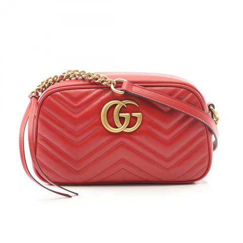 GUCCI GG Marmont 鏈條單肩斜背包 447632 紅色皮革 二手 女士