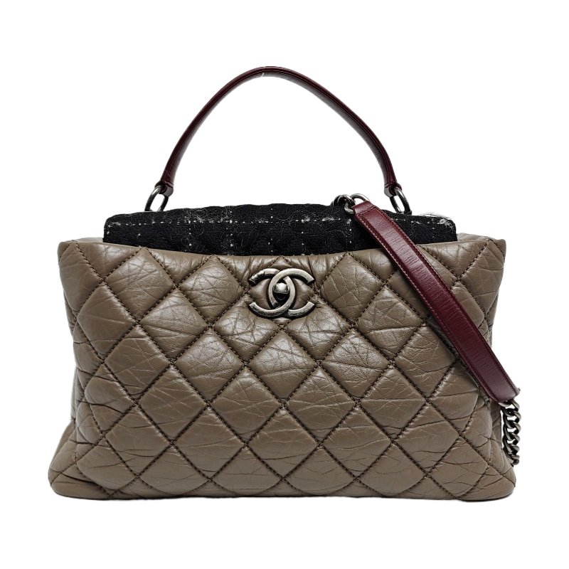 CHANEL PORTOBELLO大象灰牛皮菱格紋絎縫單肩包手提包斜挎包釕色五金18開可拆卸肩帶-0