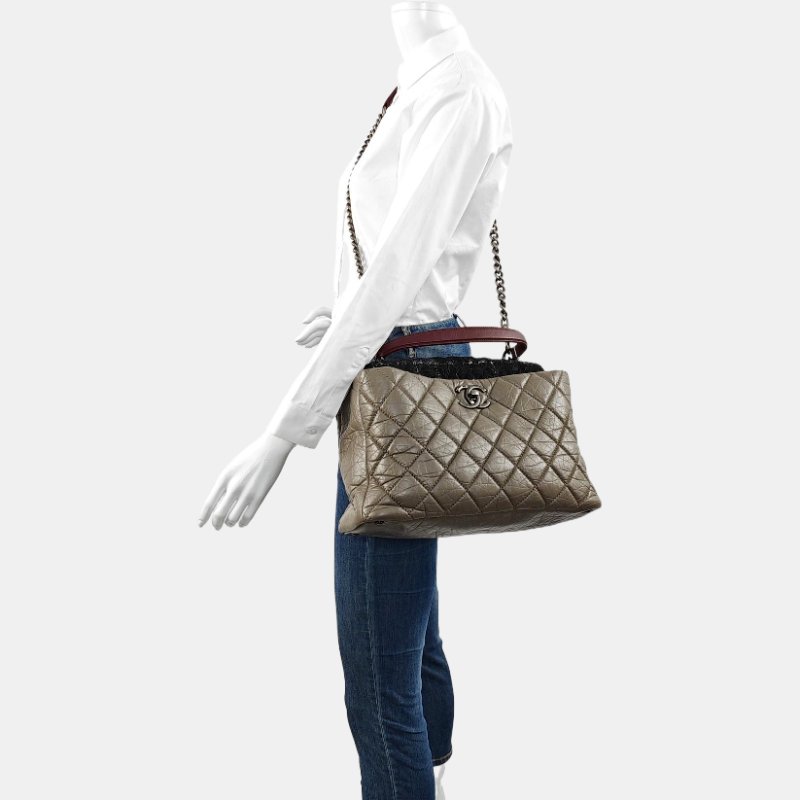 CHANEL PORTOBELLO大象灰牛皮菱格紋絎縫單肩包手提包斜挎包釕色五金18開可拆卸肩帶-1