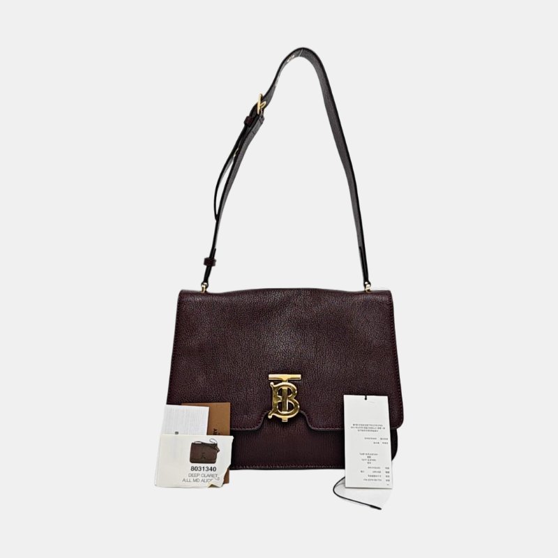 BURBERRYTB酒紅色羊皮單肩包手提包金色五金-7