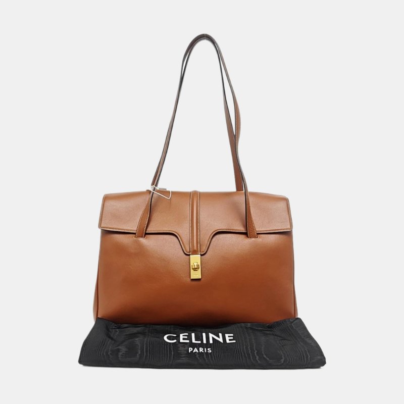 CELINE 16 大號棕色牛皮單肩包手提包金色五金-7
