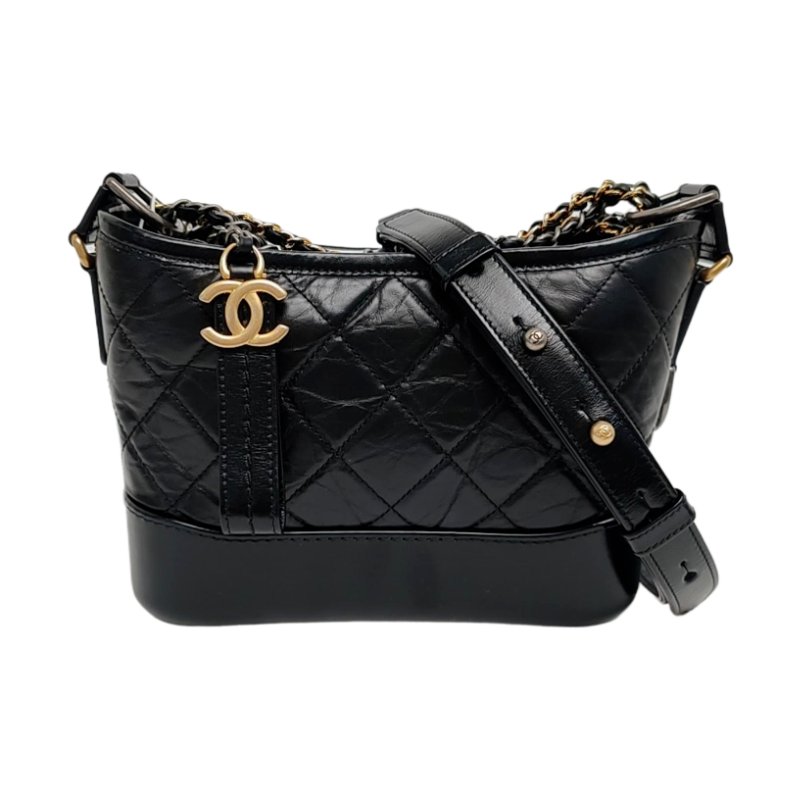 CHANEL GABRIELLE小號黑色牛皮菱格紋絎縫流浪包單肩包手拿包金色銀色釘色五金27開可拆卸肩帶9.8新-0