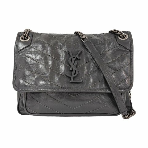 YSL NIKI 中號深灰色牛皮絎縫V紋單肩包斜挎包釘色五金