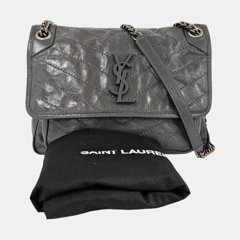 YSL NIKI 中號深灰色牛皮絎縫V紋單肩包斜挎包釘色五金-7