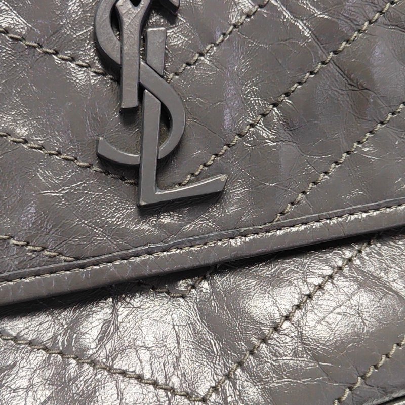 YSL NIKI 中號深灰色牛皮絎縫V紋單肩包斜挎包釘色五金-9