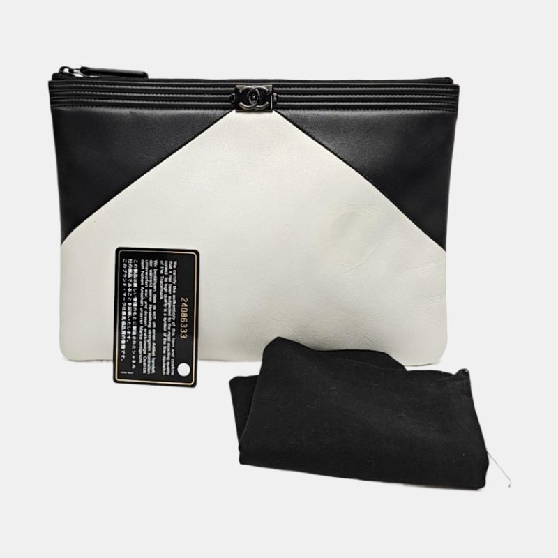 CHANEL BOY CHANEL白色羊皮手拿包黑色五金24開-7