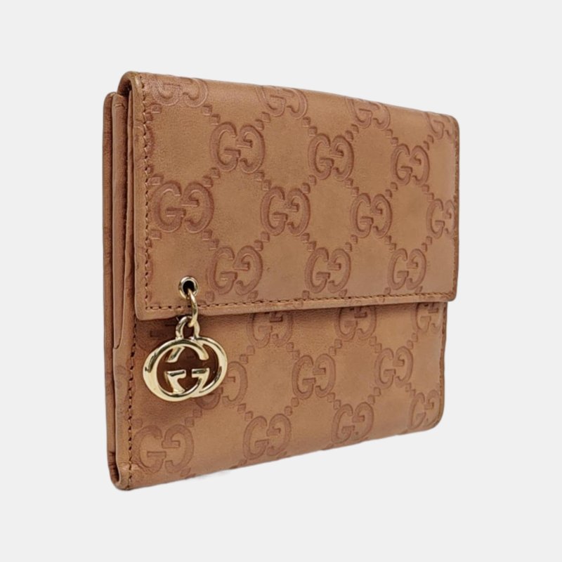 GUCCI 裸粉色牛皮老花壓紋錢包 金色五金-3