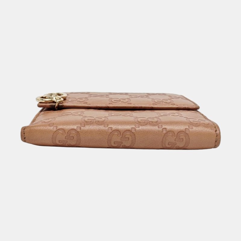 GUCCI 裸粉色牛皮老花壓紋錢包 金色五金-5