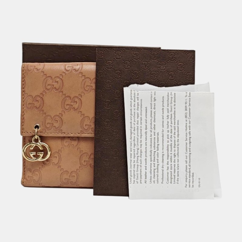 GUCCI 裸粉色牛皮老花壓紋錢包 金色五金-7