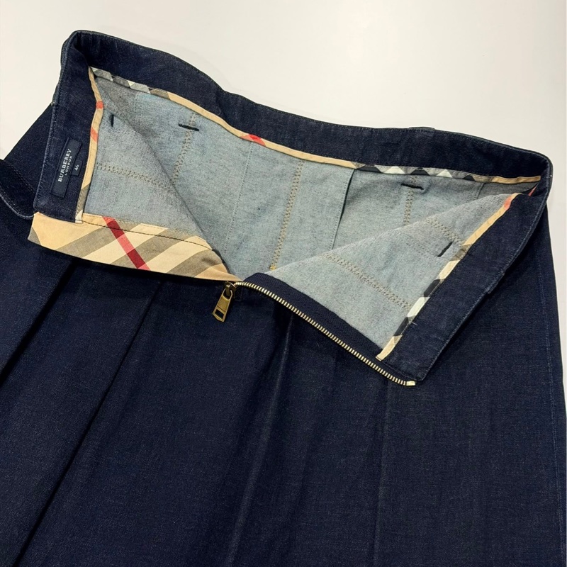 BURBERRY 倫敦 腰帶打摺格紋拉鍊牛仔裙-7