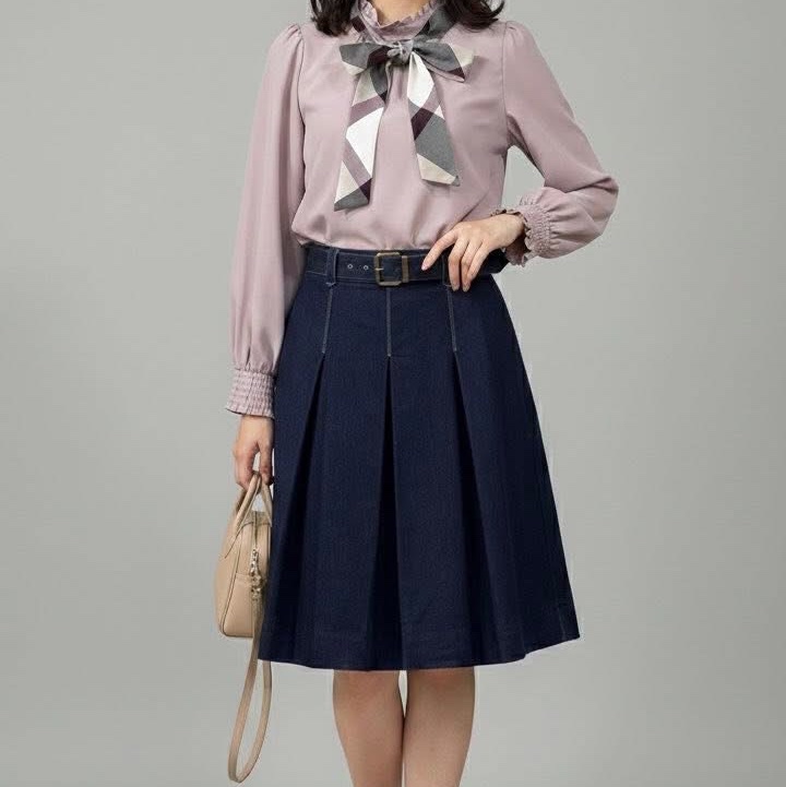 BURBERRY 倫敦 腰帶打摺格紋拉鍊牛仔裙-9