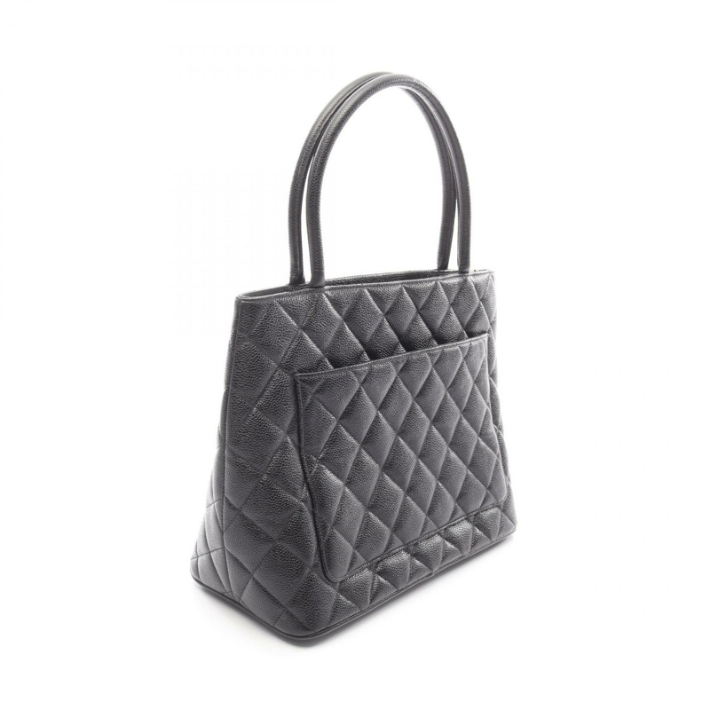 香奈兒 (CHANEL) Medallion 手提包，黑色粒面小牛皮，二手，女士，帶銀色金屬扣和雙C標誌，Coco-1