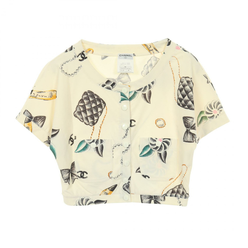 香奈兒 COCO 標誌紐扣開襟衫短袖上衣 #38 P06930 尼龍 白色 二手-0