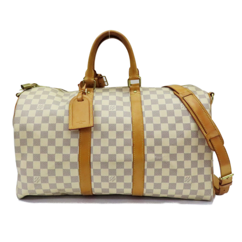 白色 棋盤格帆布 Keepall Bandouliere 45 兩用包【LOUIS VUITTON LV 路易威登】 N48223-0