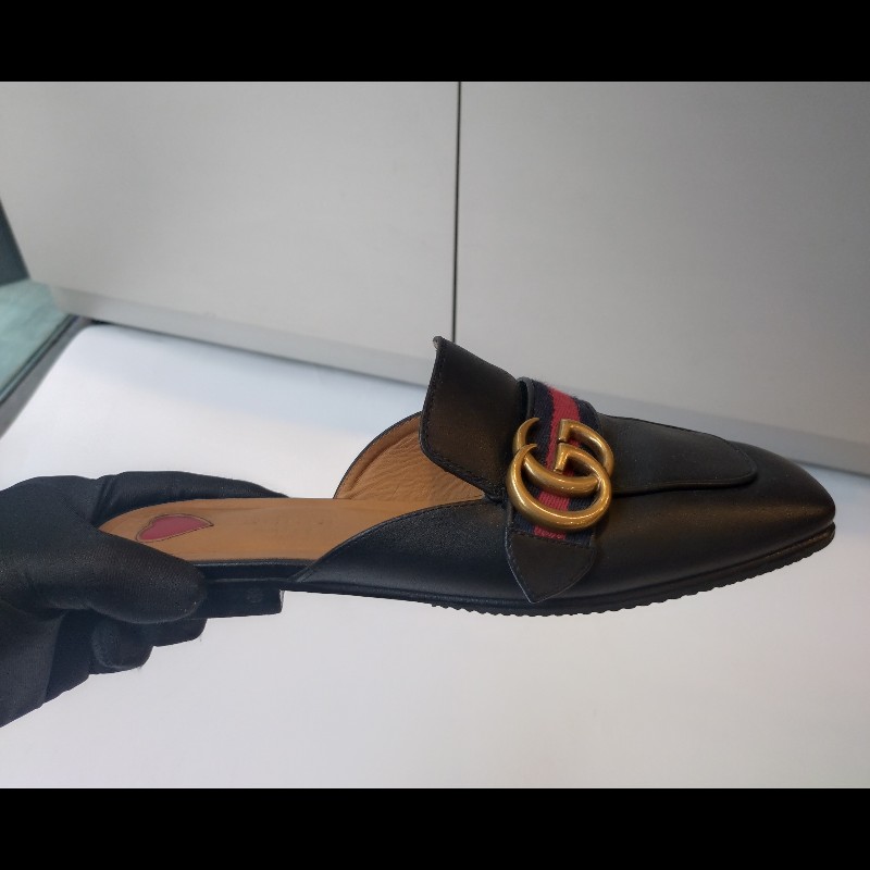 Gucci 黑皮藍紅藍 GG logo 平底鞋-4