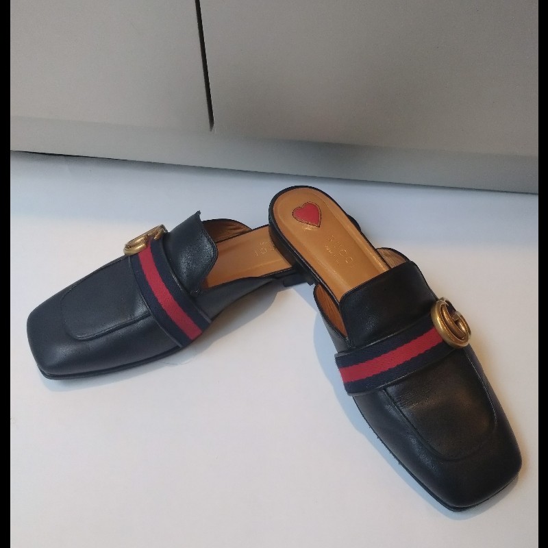 Gucci 黑皮藍紅藍 GG logo 平底鞋-5