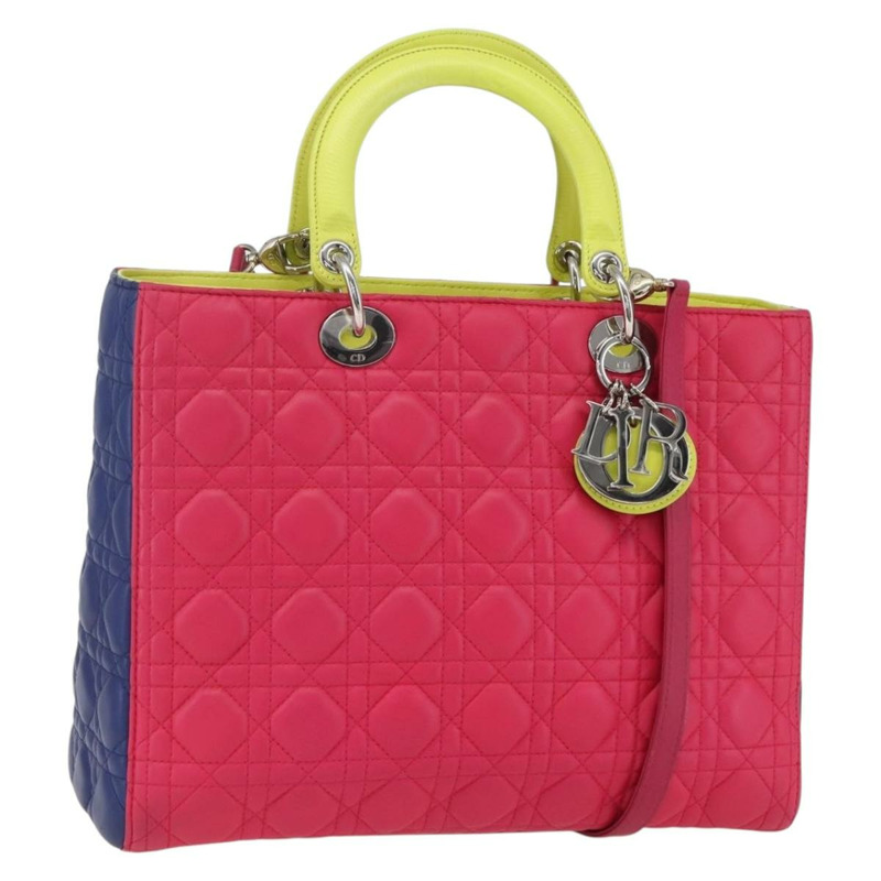 【日本直送】Christian Dior Lady Dior Canage 手提包，真皮材質，兩用，粉紅色/銀色，正品，貨號 157405SAM-0