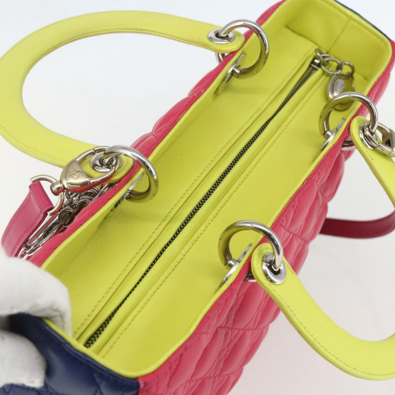 【日本直送】Christian Dior Lady Dior Canage 手提包，真皮材質，兩用，粉紅色/銀色，正品，貨號 157405SAM-5