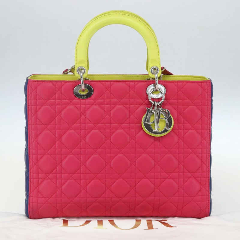 【日本直送】Christian Dior Lady Dior Canage 手提包，真皮材質，兩用，粉紅色/銀色，正品，貨號 157405SAM-11