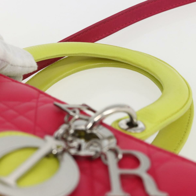 【日本直送】Christian Dior Lady Dior Canage 手提包，真皮材質，兩用，粉紅色/銀色，正品，貨號 157405SAM-13