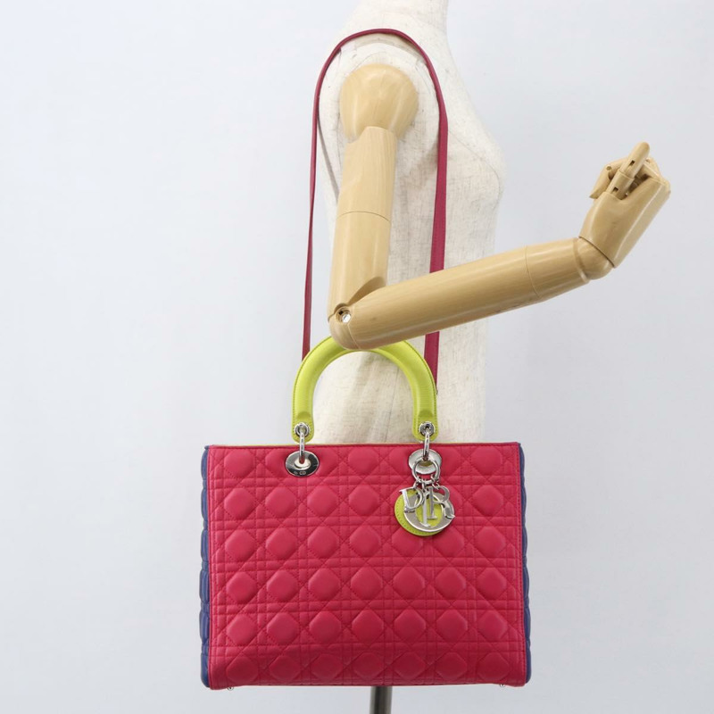 【日本直送】Christian Dior Lady Dior Canage 手提包，真皮材質，兩用，粉紅色/銀色，正品，貨號 157405SAM-24