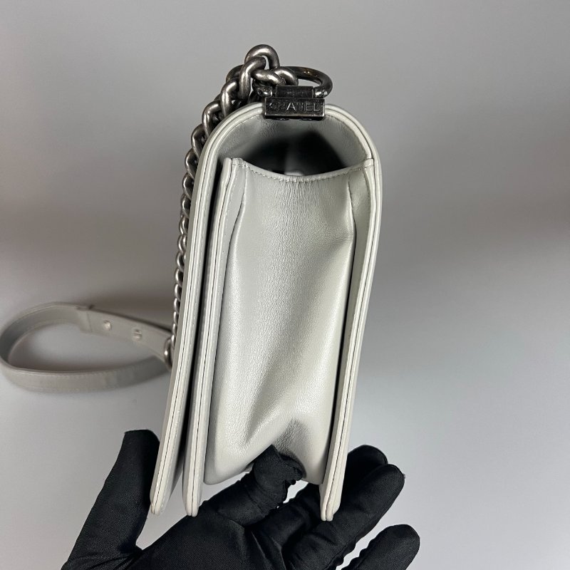 CHANEL BOY28銀釦山型紋鏈條包 灰 20開-2