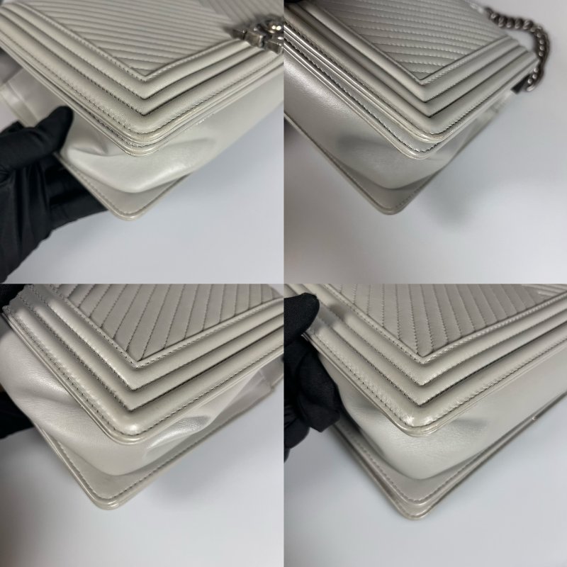 CHANEL BOY28銀釦山型紋鏈條包 灰 20開-10