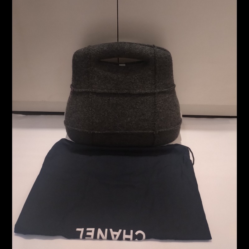 Chanel 絕版硬殼灰布手提包-4