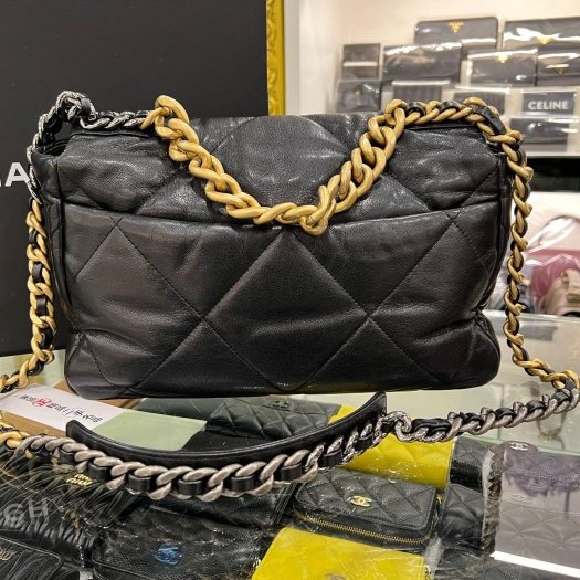 東區正精品㊣CHANEL 19 AS1161 香奈兒黑色大菱格紋小羊皮金銀鍊肩背包手提包中號 30CM RZ6114-9