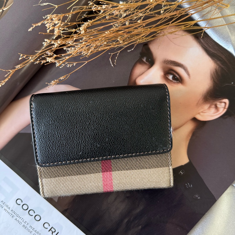 Lancaster 牛皮及帆布格紋三折短夾(黑色/棕色)-0