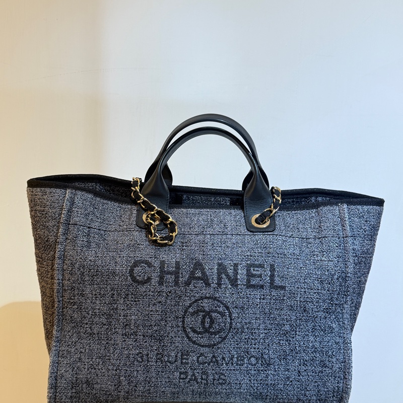 香奈兒Chanel毛呢深藍色配色沙灘包 大號-1