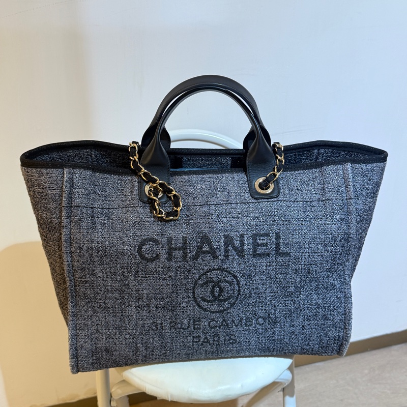 香奈兒Chanel毛呢深藍色配色沙灘包 大號-5