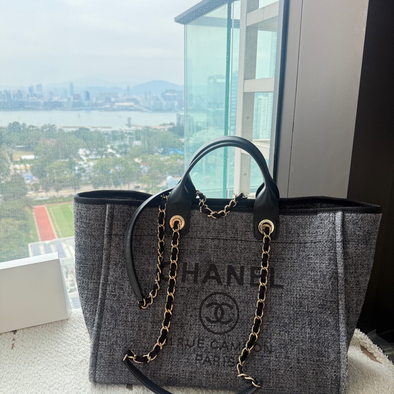 香奈兒Chanel毛呢深藍色配色沙灘包 大號-6