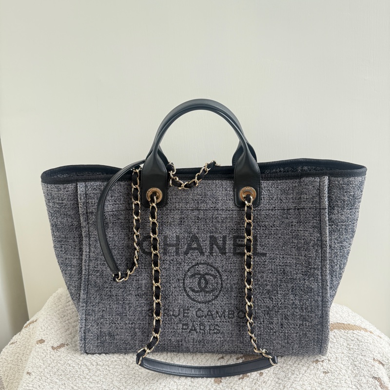 香奈兒Chanel毛呢深藍色配色沙灘包 大號-7