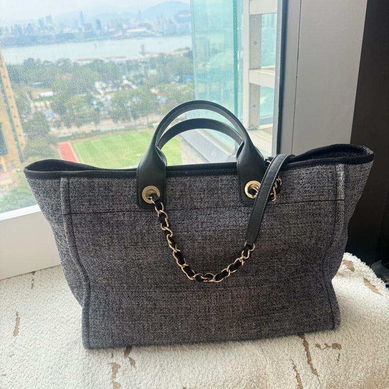 香奈兒Chanel毛呢深藍色配色沙灘包 大號-8