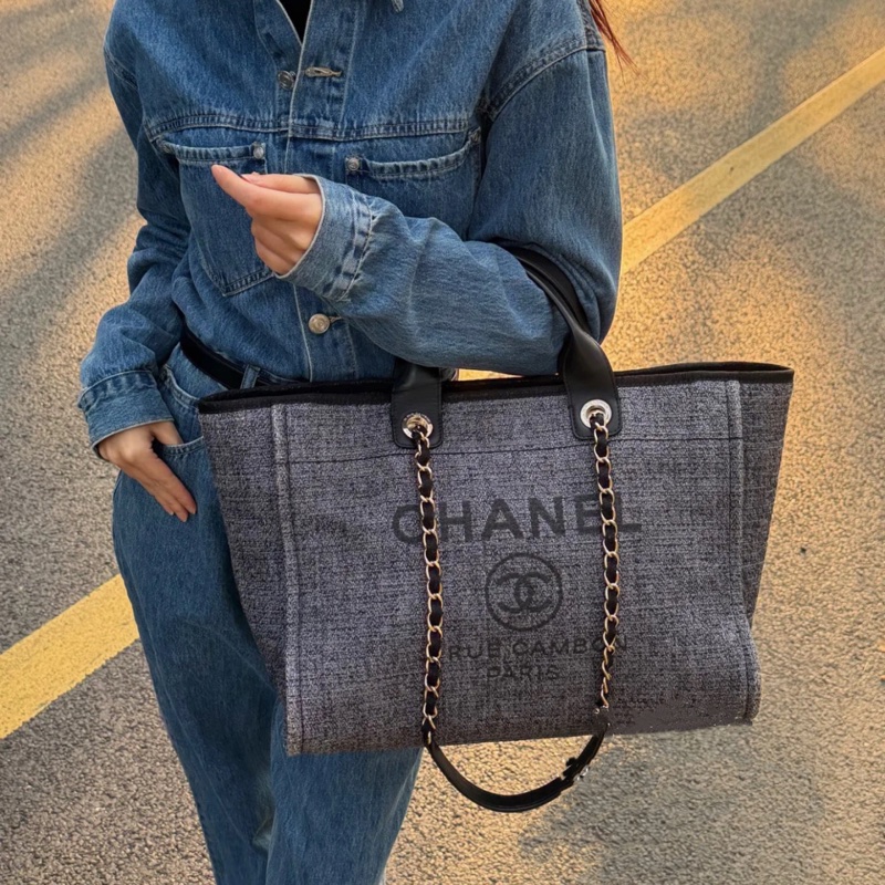 香奈兒Chanel毛呢深藍色配色沙灘包 大號-4