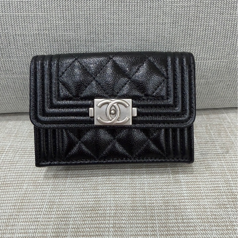 香奈兒 Chanel boy mini 三折短夾荔枝牛皮黑銀-1