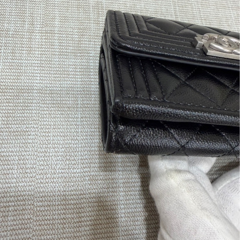 香奈兒 Chanel boy mini 三折短夾荔枝牛皮黑銀-8