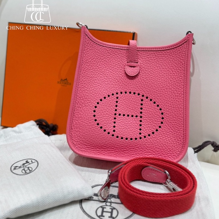 🌈Hermes💗Mini Evelyne💗唇膏粉銀扣🌟99.5新🌟全套有單🌟Stamp W🌟TC皮🌟-0