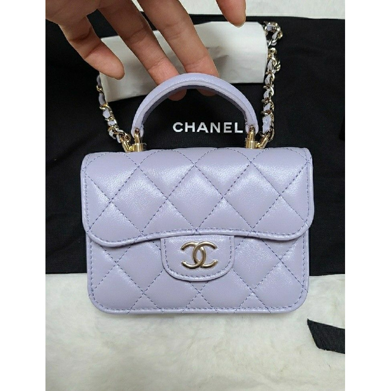 CHANEL 頂部手把卡包鏈條翻蓋皮夾按扣粉紅色紫色紫羅蘭色-1