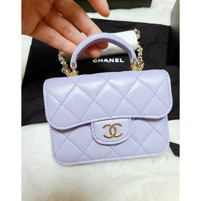 CHANEL 頂部手把卡包鏈條翻蓋皮夾按扣粉紅色紫色紫羅蘭色-2