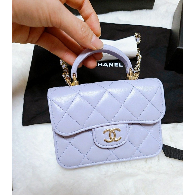CHANEL 頂部手把卡包鏈條翻蓋皮夾按扣粉紅色紫色紫羅蘭色-3