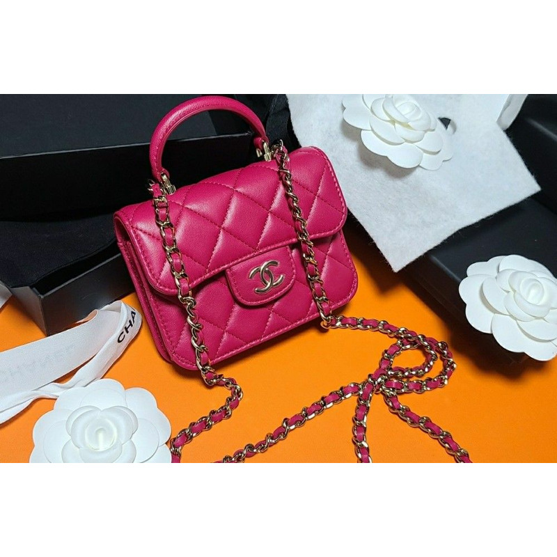 CHANEL 頂部手把卡包鏈條翻蓋皮夾按扣粉紅色紫色紫羅蘭色-5