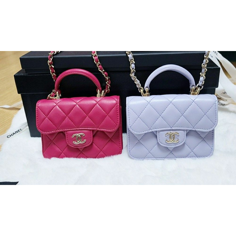 CHANEL 頂部手把卡包鏈條翻蓋皮夾按扣粉紅色紫色紫羅蘭色-7