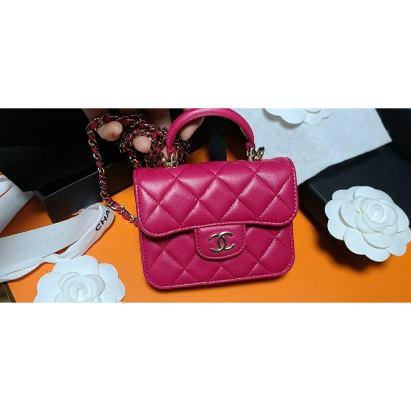 CHANEL 頂部手把卡包鏈條翻蓋皮夾按扣粉紅色紫色紫羅蘭色-8