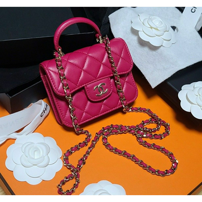CHANEL 頂部手把卡包鏈條翻蓋皮夾按扣粉紅色紫色紫羅蘭色-10