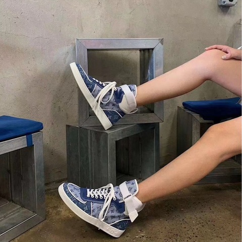 LV/路易威登 高幫板鞋 95新Boombox Monogram 帆布 丹寧布 高幫 時尚板鞋 女款 牛仔37.5碼