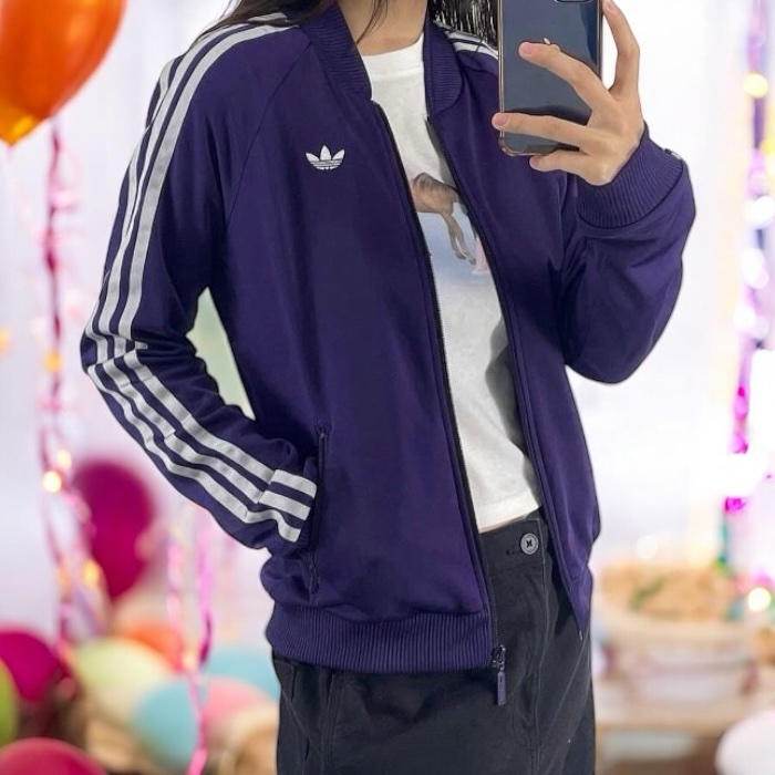 Adidas Y2K 經典三條紋口袋拉鍊運動外套  落肩立領夾克 紫 女 S 36  vintage 魷魚遊戲-0